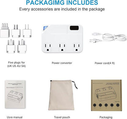 250W Conversion Plug, International Travel Converter with 2 USB and 2 USB-C Ports, lowering 220V to 110V for 100V-240V Areas and Different Countries Plugs Using US Electrical Devices
