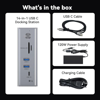 TobenONE DisplayLink Docking Station 3 Monitors, 14-in-1 Triple Monitor Dock for M1-M5 MacBook/Mac mini, Windows, Chrome (3HDMI, 120W Power Supply, 5 USB, Home Office & Professional Workspace