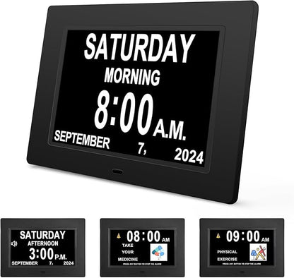 JALL 【2024 New】 Digital Calendar Dementia Day Clock, 7 Inch Large Screen Display, with Multiple Alarms, AM & PM Display, for Impaired Vision People, Age Seniors, for Desk, Wall Mounted