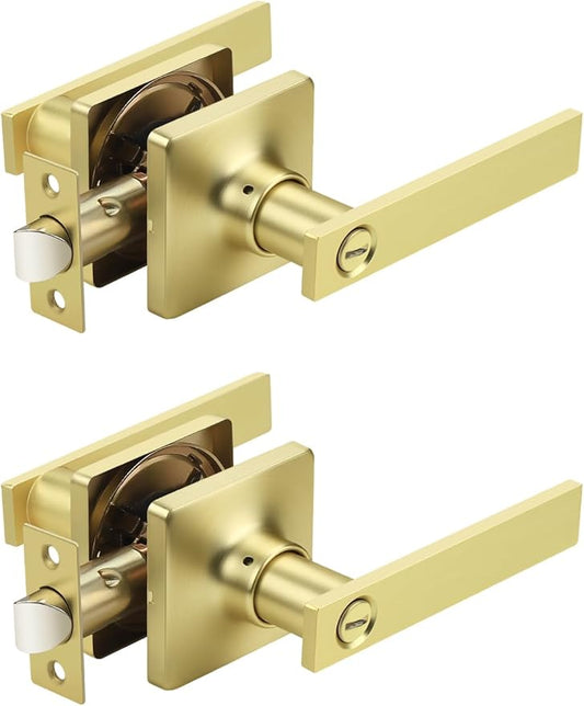 Mengico 2 Pack Gold Privacy Lever Door Handle Interior with Lock, Heavy Duty Square Door Lock for Bed/Bath, Keyless Door Locksets, Reversible for Left Right Handed Doors