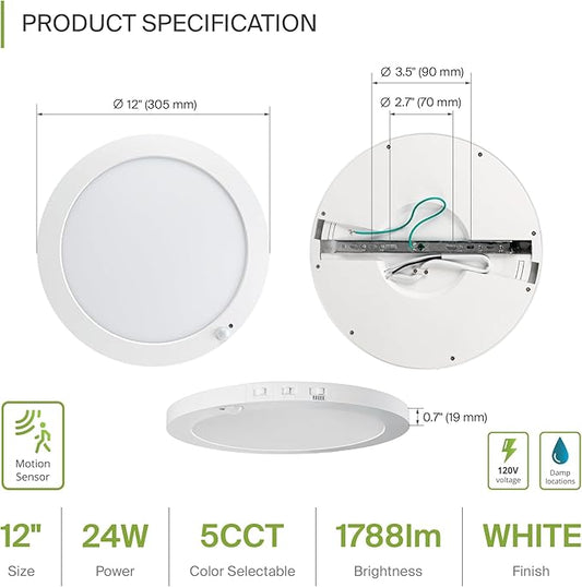 ASD LED 12" Round Flush Mount Ceiling Light Fixture, Low Profile Surface Lighting | 5CCT, Motion Sensored, Ultra-Thin, ETL Listed | 24W 1700LM 2700-6000K 120V | Kitchen, Hallway Lamp | White
