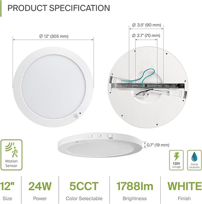 ASD LED 12" Round Flush Mount Ceiling Light Fixture, Low Profile Surface Lighting | 5CCT, Motion Sensored, Ultra-Thin, ETL Listed | 24W 1700LM 2700-6000K 120V | Kitchen, Hallway Lamp | White, 12 Pack
