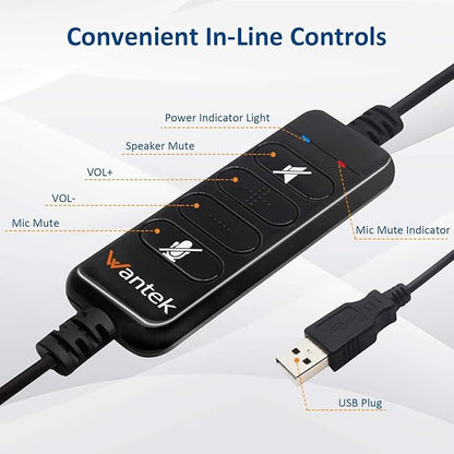 USB Headset with Microphone Noise Cancelling & Audio Controls, Computer Headphones for PC Laptop, Business, Home Office, Call Center, Skype, Zoom, Webinar, Clear Chat, Super Light,Single