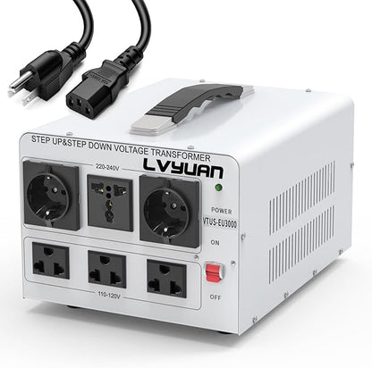LVYUAN Heavy Duty 3000W Watt Voltage Transformer Converter Step Up/Down Converter 110/120 Volt - 220/240 Volt with 3 US,2 European,1 Universal Outlets and CE Certified,Circuit Break Protection