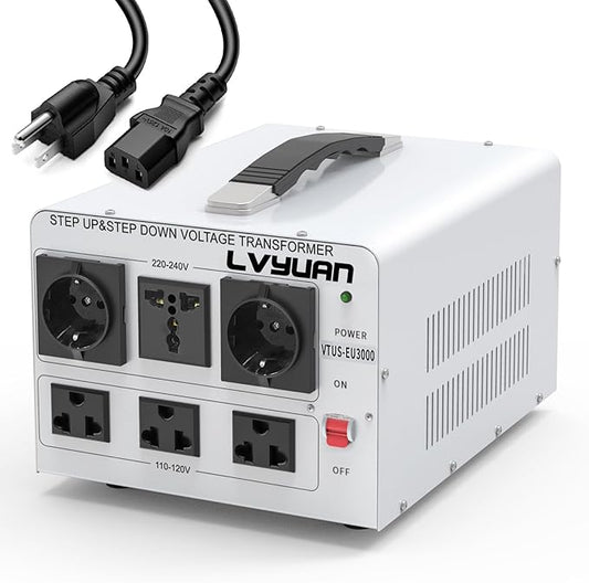 LVYUAN Heavy Duty 3000W Watt Voltage Transformer Converter Step Up/Down Converter 110/120 Volt - 220/240 Volt with 3 US,2 European,1 Universal Outlets and CE Certified,Circuit Break Protection