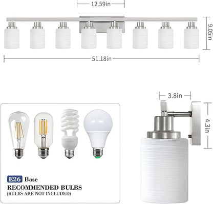 DIKAIDA 8-Light Bathroom Light Fixtures, 52inch Nickel Vanity Light with Milky White Glass Shade, Modern Bathroom Wall Lights Over Mirror, Farmhouse Wall Sconces Lighting for Bedroom Living Room