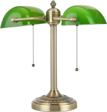 Newrays Green Double Head Glass Bankers Desk Lamp with Pull Chain Switch Plug in Fixture for Library, Office, Cafe