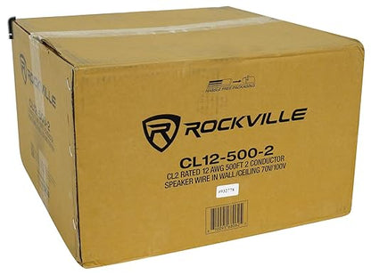 Rockville CL12-500-2 12 AWG 500ft Speaker Wire In Wall Ceiling, CL2 Rated, 70V 100V Compatible, Oxygen-Free Copper, for Home Theater and Commercial Audio