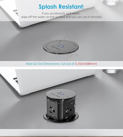 Jgstkcity Pop Up Outlet with 15W Wireless Charger,4 Outlets 15A, Splash Resistant,3 inch Desk Hole Power Grommet,Space Saver Outlet for Kitchen Countertop,Office Conference Table,ETL Listed (Black)
