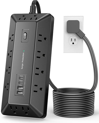 Inhwatek Surge Protector Power Strip with USB Ports (PD 20W), 6 Ft Extension Cord with Multiple Outlets, Flat Plug Outlet Extender for Home, Office, Dorm Room