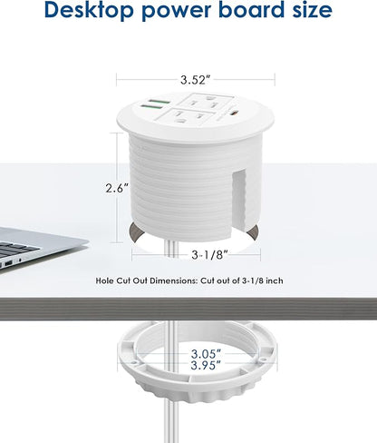 3-inch Desktop Power Grommet,Max 65W USB C Charger,2 Outlets and 3 USB, High-Speed Charging Station, Flush Mount Desk Hole Round Power Outlet, Recessed Power Strip,6ft Cord Flat Plug