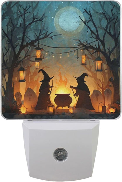 Pigsaly Led Night Light Halloween Witches Cauldron Tombstones Bare Trees Night Light Plug in Wall Lamp Smart Dusk to Dawn Sensor Nightlight Led Lamp Energy Saving Lights Gift for Kids Room Bedroom Ba
