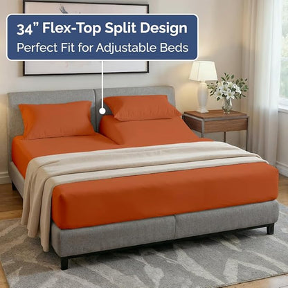 Split Head King Sheet Set – 4 Piece Flex Split Top King Sheets for Adjustable Beds - Fits 14” to 16" Mattress w/ Deep Pockets - Soft, Breathable & Cooling - Luxury Bedding & Wrinkle Free - Terracotta
