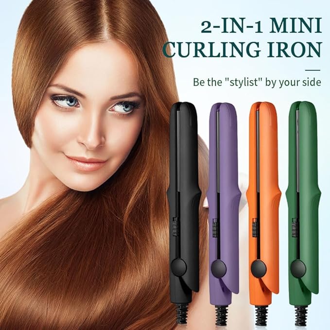 2026 New Mini Curling Iron for Short Hair, 2 in 1 Mini Curling Wand & Flat Iron Hair Straightener, Dual-Purpose Curling Iron, Portable Travel Curling Wand Hair Straightener (Green)