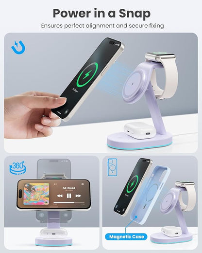 3 in 1 Wireless Charger Charging Station for iPhone,Qi2 Certified 15W Magnetic Charging Stand for Mag-Safe with 30W USB C Adapter&Friendly Night Light for iPhone 16/15/14/13/12,Apple Watch,AirPods