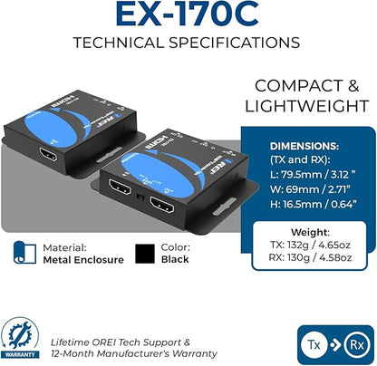 OREI 4K HDMI over Ethernet Extender Over CAT5/CAT6/CAT7, with IR Upto 164 Feet - Loop Out - 4K @ 30Hz 1080P Full HD Signal Distribution (EX-170C)