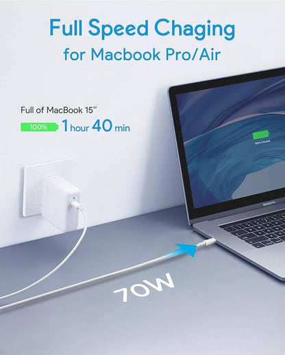 Mac Book Pro Charger, 70W USB C Charger Power Adapter for MacBook Pro/Air 13/14 Inch, for MacBook 12 Inch, Included USB-C to USBC Charge Cable (6.6ft/2m)