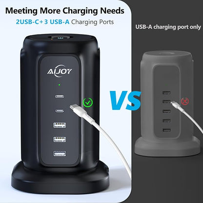 AiJoy Power Strip Tower with 9 AC Outlets and 5 USB Ports (2 USB-C), Flat Plug 1625W 6.5ft Extension Cord, 1200J Surge Protector Charging Station for Home, Office & Dorm