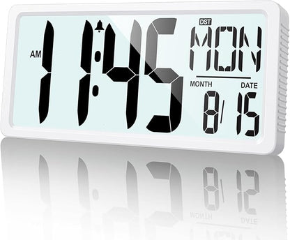 XREXS Large Digital Wall Clock Battery Operated with Backlight, 15" LED Large Display Timer with Temperature Date Week Auto DST Adjustable Brightness, Alarm Clock for Classroom, Livingroom, Office