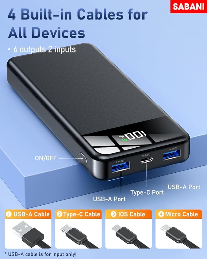 Portable Charger 35000mAh Power Bank - Powerbank with 4 Built in Cables, 22.5W Fast Charging Travel Camping Essential Battery Pack Compatible with iPhone 16 15 14 13 Samsung Google etc, 1 Pack
