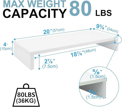 TEAMIX 2 Pack White Monitor Stand Riser - 20 inch, Wooden Desktop Stand for PC/TV/Laptop/Printer, Monitor Riser with Storage, Computer Stand with Keyboard Organizer