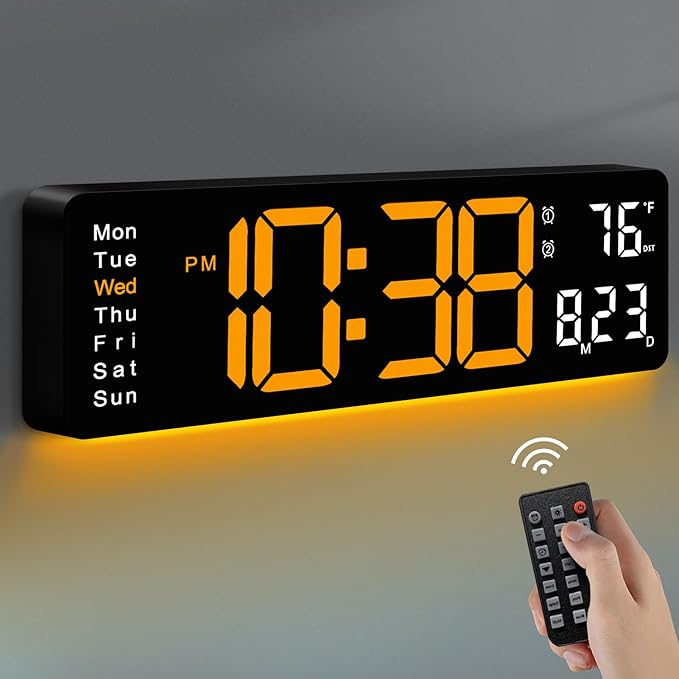 MASHI Digital Wall Clock, 16" Large Display Digital Clock with Remote Control, Auto-Dimming Wall Clock with Night Light, DST, Date Week,Temp for Living Room, Bedroom, Decor, Gift for Elderly