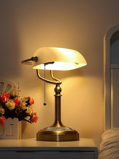 Newrays Glass Bankers Desk Lamp with Pull Chain Switch Plug in Fixture (Matted White +Green Bronze Base, Classic)