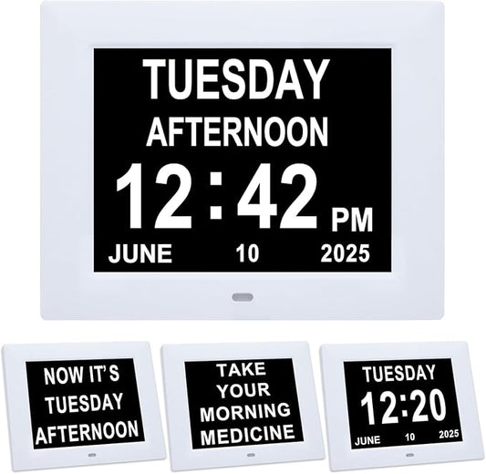 Jaihonda Dementia Clocks for Seniors Large Display Digital Clock with Date and Day of Week for Elderly 8 Alarm Options Digital Clocks with Large Number-7 Inch White