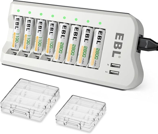 EBL Battery Charger and Rechargeable Batteries AA AAA - 8Bay Smart Charger with 2800mAh AA Rechargeable Batteries(4pcs) & AAA Battery Ni-MH Battery(4pcs) Combo