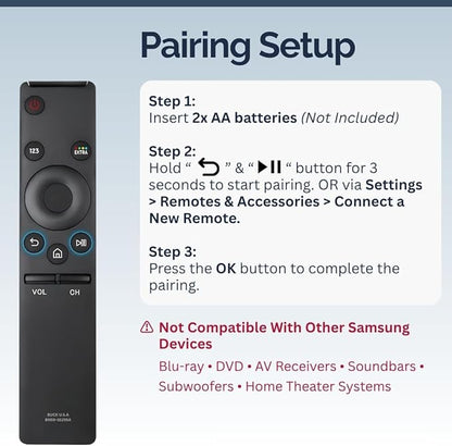 BN59-01295A Samsung TV Remote Control Replacement for Smart TV - Easy Setup, Durable Design, Universal Infrared Remote - Works with Samsung Smart, QLED, UHD, 4K, Curved, LED, LCD, & HDTV Models