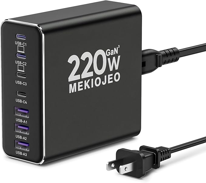 Aluminum Alloy 220W USB C Charger 7 Port Fast Charging Station,65W USB C Laptop Charger Compatible with MacBook Pro/Air (Black)