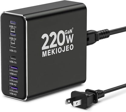 Aluminum Alloy 220W USB C Charger 7 Port Fast Charging Station,65W USB C Laptop Charger Compatible with MacBook Pro/Air (Black)