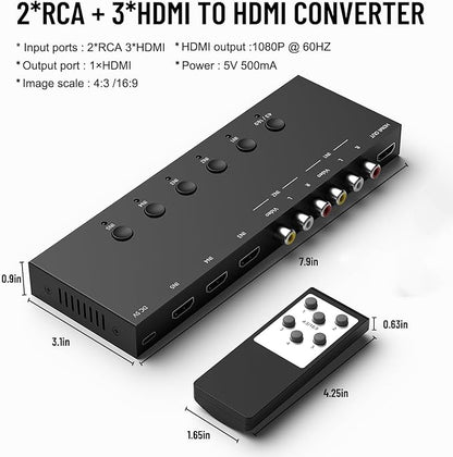 Azduou 2 AV Inputs + 3 HDMI 2.0 Inputs to HDMI Converter (5 in 1) with Upgrade New Version