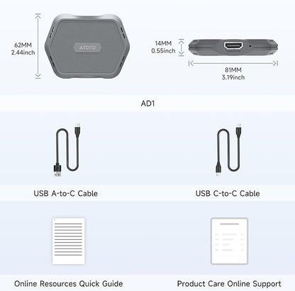 ATOTOMOVE Wireless Carplay Box Adapter with HDMI Input, 2 in 1 Dongle for Wired CarPlay Cars, Plug & Play Multimedia Hub for TV Box/Game Console/DVD/Blu-ray, Bluetooth 5.2, OTA Updates, AD Gray