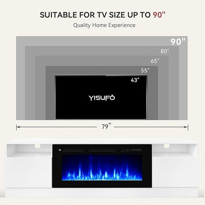 YISUFO 80” TV Stand with 36” Electric Fireplace, Large Modern Media Entertainment Center with Storage Cabinet and 12 Colors LED Lights for TVs Up to 90",White and Black