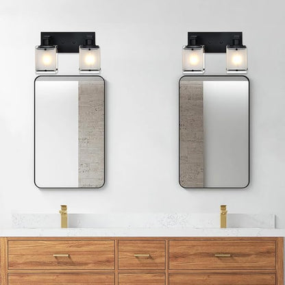 WINSHEN Black Wall Sconce Lighting, 2-Light Bathroom Vanity Light Fixture Wall Mount Lamp Over Mirror for Bedroom Bedside Studty Living Room, Rectangular Frosted Glass Shade
