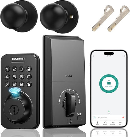 Keyless Entry Door Lock with Handle, Fingerprint Keypad Deadbolt with Handle Set, Smart Door Locks for Front Door with App Control, Auto-Lock, One-Time Code, Easy to Install