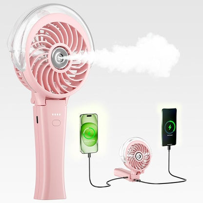 HandFan 4000mAh Handheld Misting Fan, 50ml Water Tank, Rechargeable Personal Mister Fan Portable AC, Spray Water Mist Fans, Foldable Cooling Ice Fans for Beach Travel Outdoors(Pink)