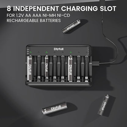 Dlyfull 8 Bay AA AAA Battery Charger with USB-C High-Speed Charging, Independent Slot for 1.2V Ni-MH Ni-CD Rechargeable Batteries, Cable Included