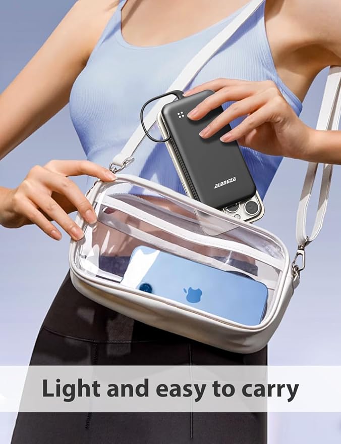Alongza Portable Charger Built-in Cables and AC Wall Plug, Slim Fast Charging Power Bank 10000mAh, Lightweight USB C External Battery Pack Compact Travel Cell Phone Charger