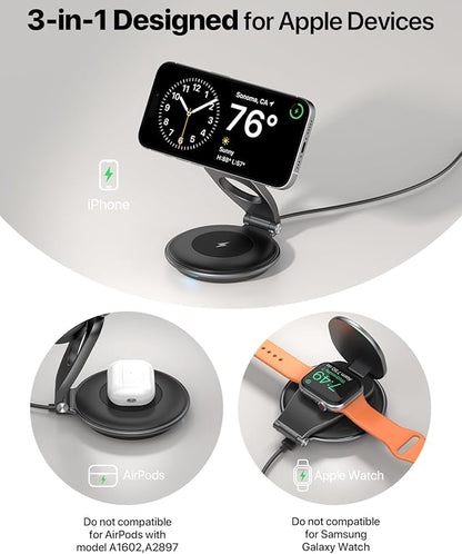 EXW Travel Charging Station for Magsafe Charger,Wireless Charging Station for Apple Multiple Devices,Magnetic Foldable Charger for iPhone 16-12 Series for Apple Watch & AirPods(30W Charger Included)