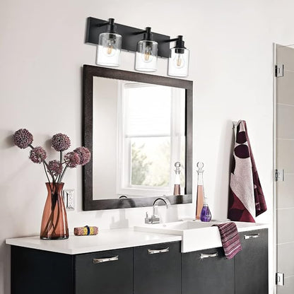 TODOLUZ Industrial Wall Sconce Lighting in Matte Black Finish, 3-Light Bathroom Vanity Light Fixtures with Clear Glass Shades (E26 Bulb Base)