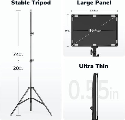 D50 Photography Lighting with Barn Door, 2-Pack 15.4" LED Video Light with Remote, 45W 3000K-8000K Dimmable Bi-Color Panel Light for Live Streaming/Wedding Shooting/Video Recording/Studio/Film