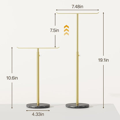 Josmimic Gold Necklace Holder Jewelry Organizer Stand – Adjustable Height T‑Bar Jewelry Display with Dark Gray Marble Base, Necklace & Bracelet Holder, Countertop Jewelry Stand
