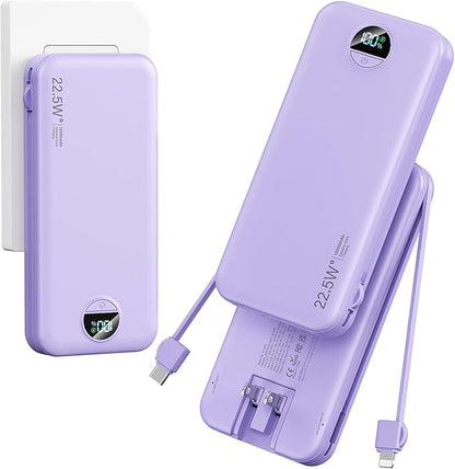 Ultra-Portable-Charger-Power-Bank with Built in Cables&AC Wall Plug,12000mAh PD20W USB-C Fast Charging Cell Phone Charger Battery Pack,LED Display Travel Battery Bank for All iPhone,Samsung,Android