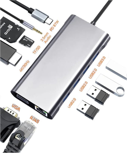 USB C Laptop Docking Station 11 in 1 Type-C Hub with HDMI,Ethernet,4 USB,VGA,SD TF Card Reader,Audio,PD Compatible with iPhone16/MacBook/Dell/Surface/HP/Lenovo and Other Type C Laptops