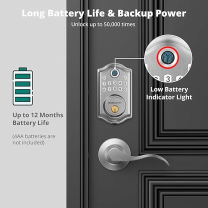 AkaGear DS10 Keyless Entry Door Lock with Handle - 2 Lever Handles, Fingerprint Door Lock, Keypad Deadbolt, 2 Keys, Code, Smart Locks for Front Door, Auto-Lock, Easy Installation - Satin Nickel