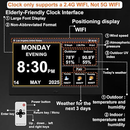 FEYBYLA 2025 New Digital Clock with Temperature/Humidity & Weather Forecast, Auto Time Sync Large Display, Custom Alarms & Medication Reminders, Ideal for Elderly(Black, 10.1-Inch)