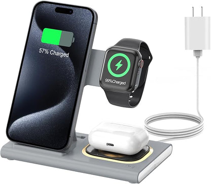 3 in 1 Charging Station for iPhone 17 - Wireless Charger for Apple Products for iPhone 17 16 15 14 13 12 11 Pro Max - Foldable Wireless Charging Station Dock Stand for iWatch Series & AirPods(Gray)