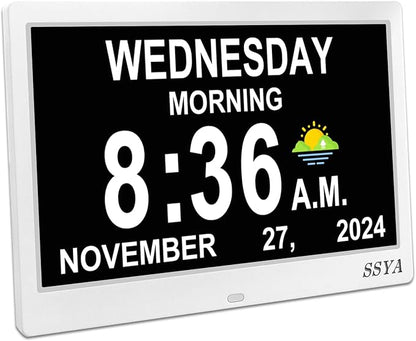 SSYA Dementia Clock for Seniors, Digital Clock with Date and Day of Week, Auto DST, Non-Abbreviated Large Calendar Alarm Clocks (White)